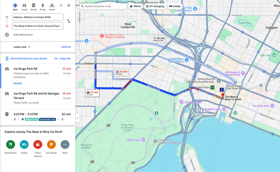 Map from Subiaco to Meat & Wine Co Perth