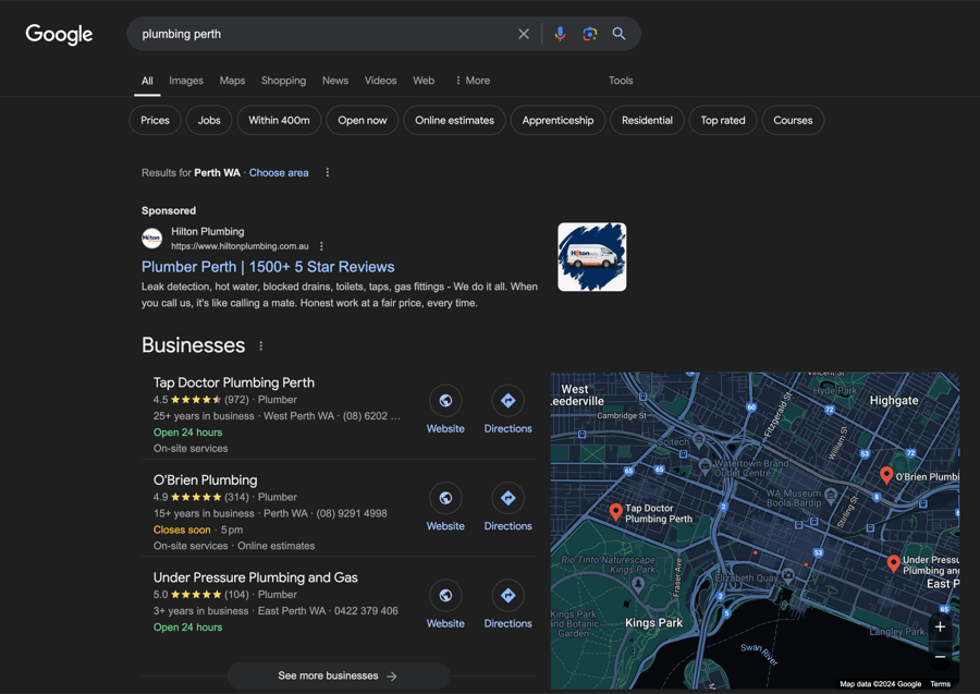 Google search results for plumbing services in Perth.