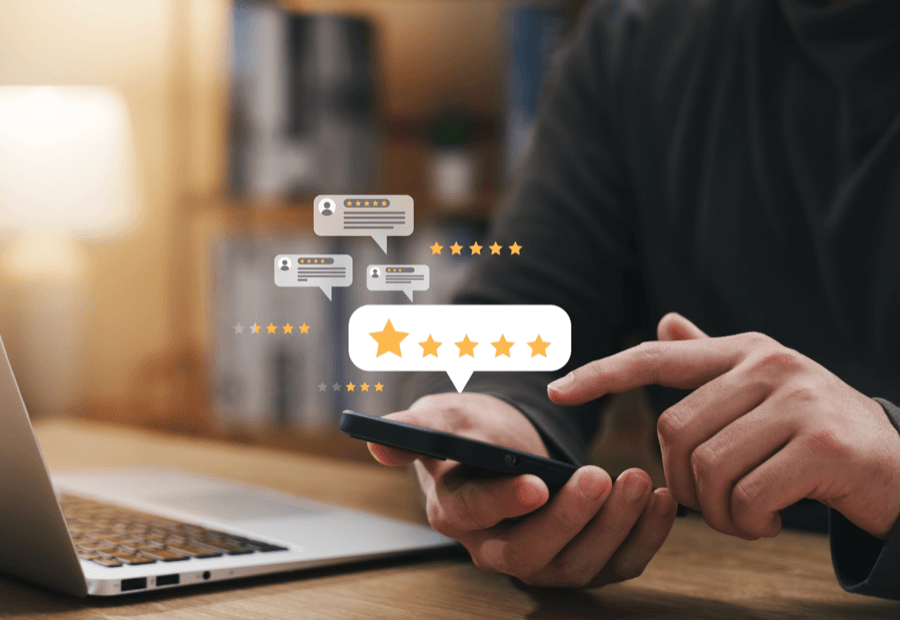 Person checking online reviews on smartphone.