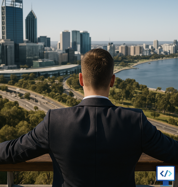 Man observing city skyline from high viewpoint