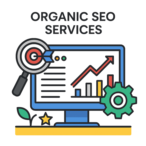 Illustration of SEO services with magnifier and growth chart