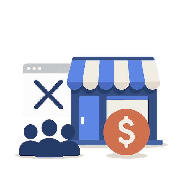 Closed storefront with website error and customers